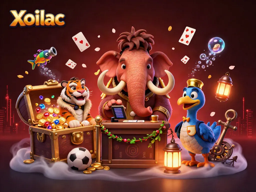 Experience the vibrant casino ambiance of Xoilac with a woolly mammoth bouncer and saber-tooth tiger guest in an elaborately detailed scene.