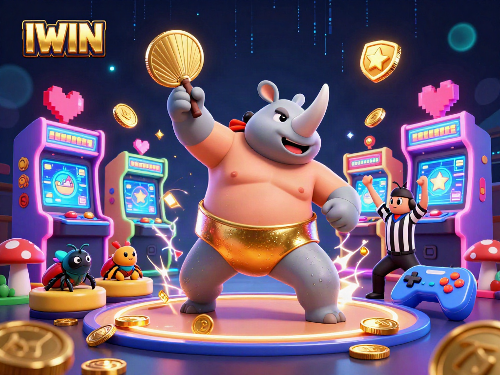 IWIN showcases a vibrant 3D scene of a gambling champion beetle surrounded by arcade elements and golden coins.