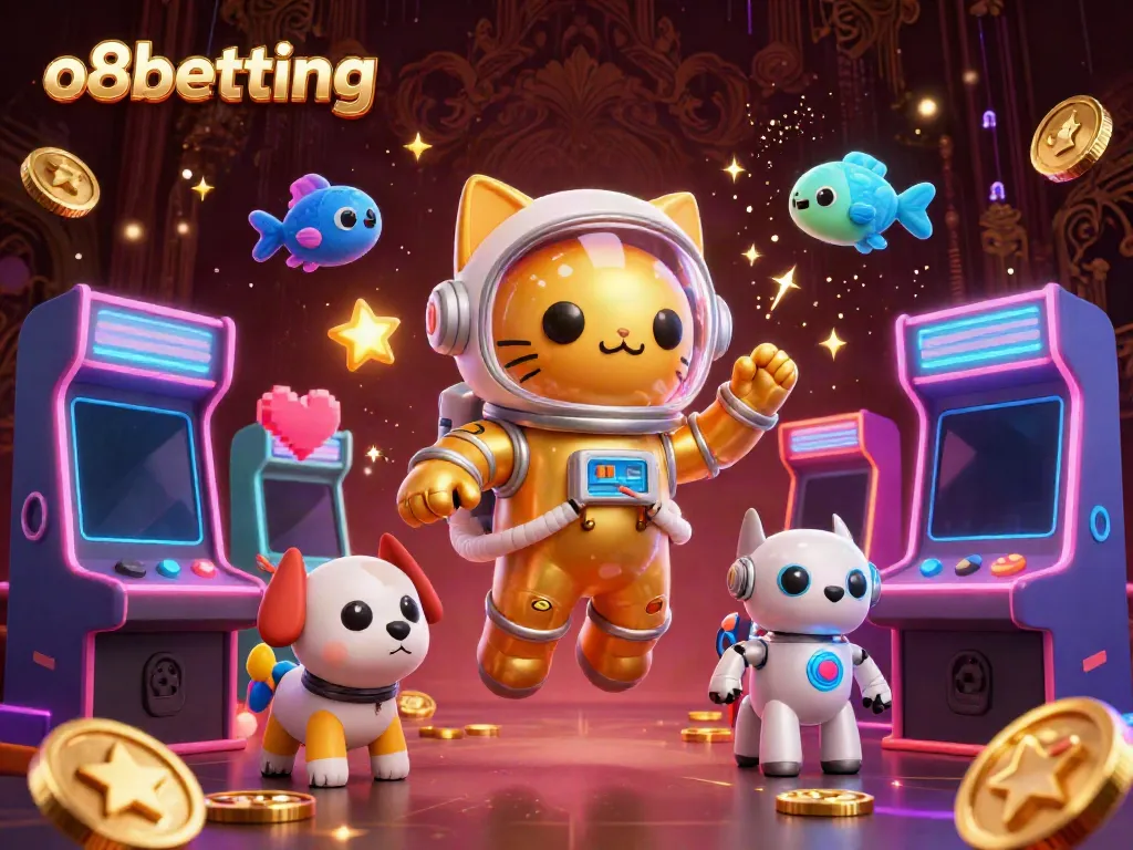 Join the excitement at o8betting with an astronaut cat, robot dog, and alien fish in a vivid, colorful galaxy!