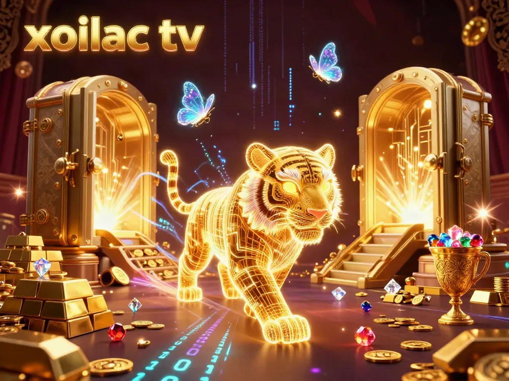 Watch the golden tiger from xoilac tv lead you through a vibrant digital casino landscape.