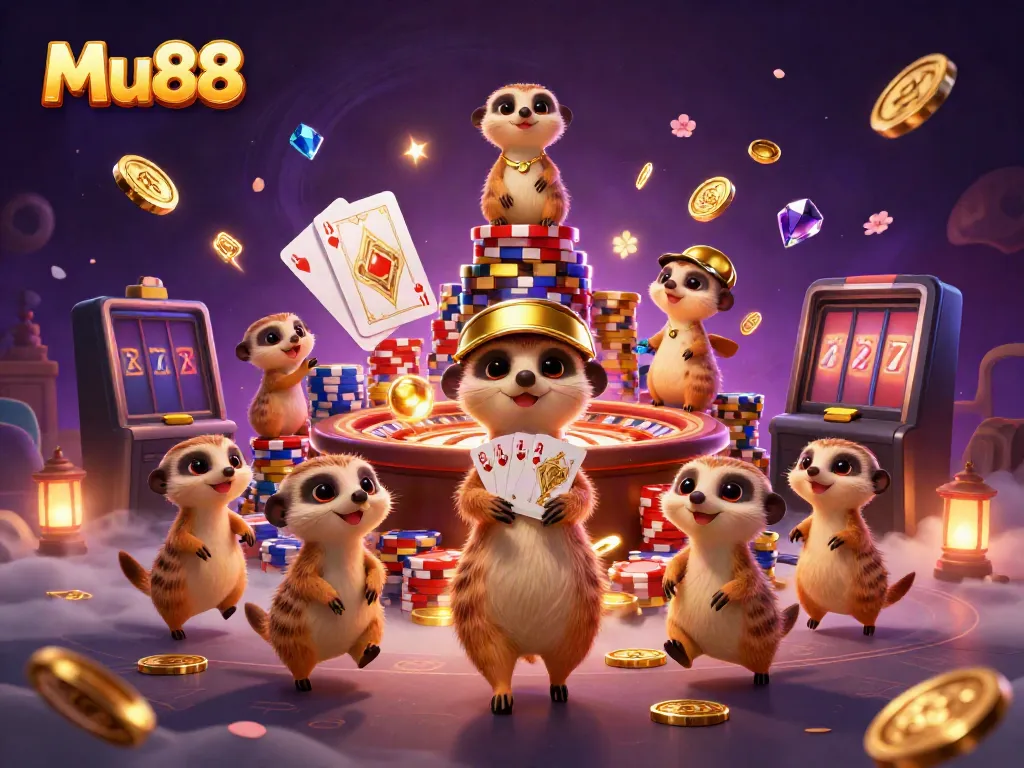 Experience thrilling gameplay at Mu88 with playful meerkats running a vibrant casino and sparkling elements.