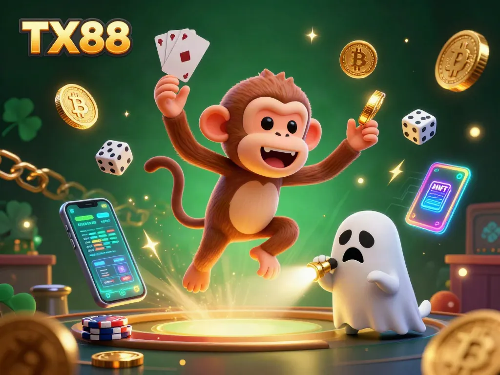 Engage with TX88's thrilling casino atmosphere as a poltergeist monkey juggles golden treasures while a ghost-hunter puppy watches in awe.
