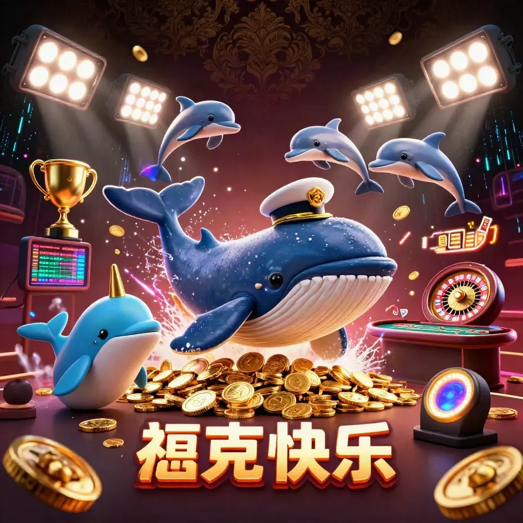Captain whale, narwhal, and dolphins amid gold coins, neon casino effects, and spinning gaming symbols.