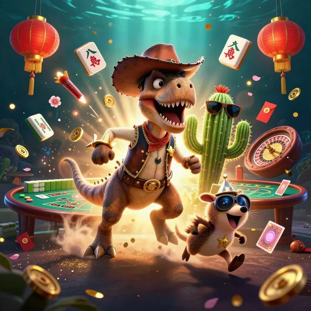 Cowboy T-Rex, cactus sidekick, and roadrunner amid casino props in neon gold underwater light.