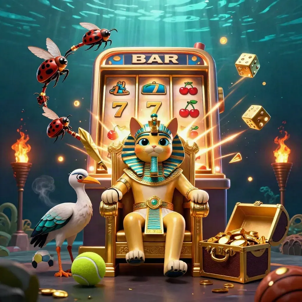 Pharaoh cat and ibis amid slot bursts, gold dice, sports balls, and underwater neon light.