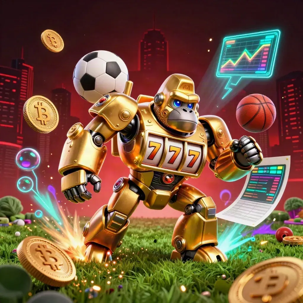 Golden gorilla slot mech blasts past a soccer ball and basketball in neon casino light.