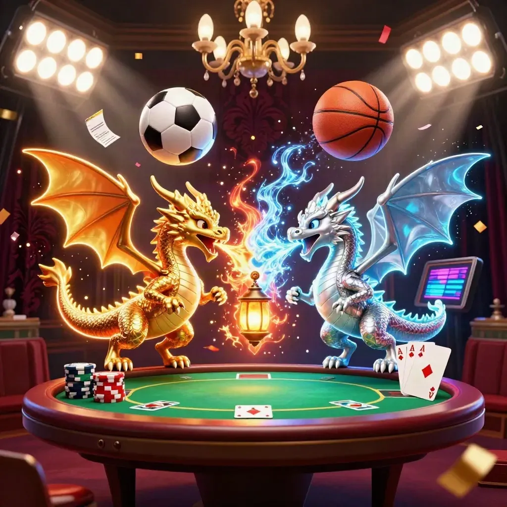 Gold and silver dragons spiral over poker chips, cards, balls, confetti, and a damask-lit dark backdrop.