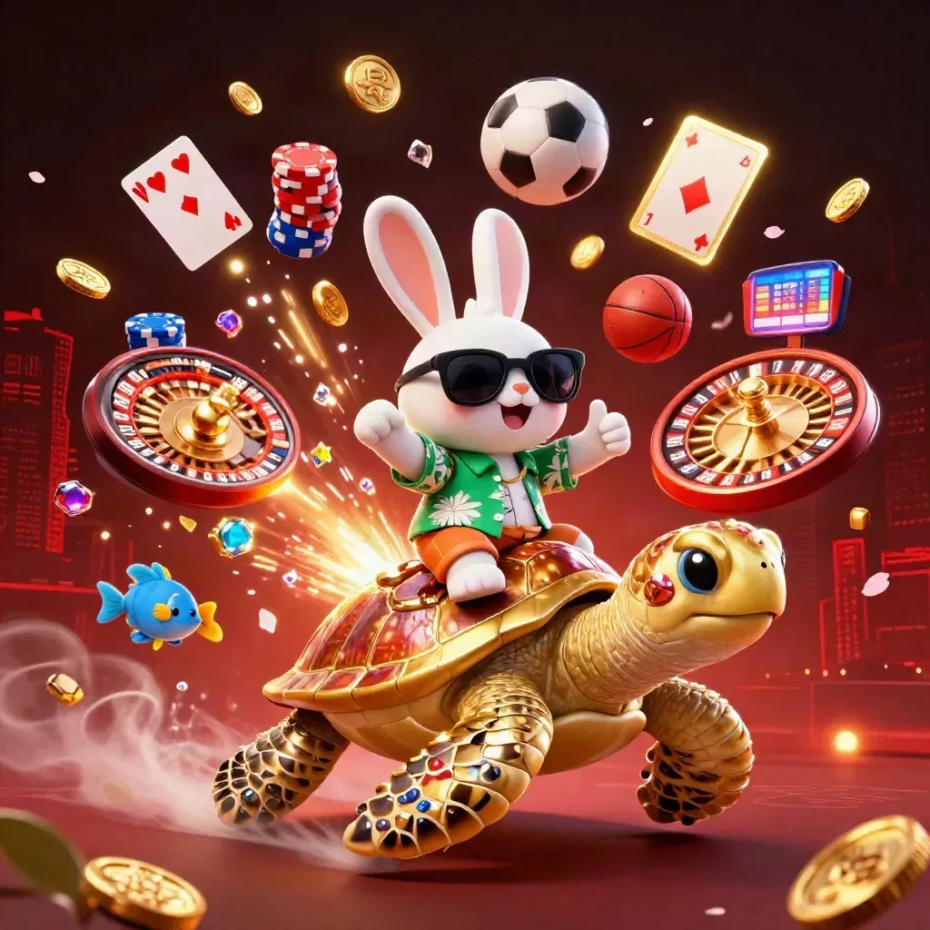 Lucky rabbit rides golden sea turtle amid casino chips, coins, cards, and glowing sports props.