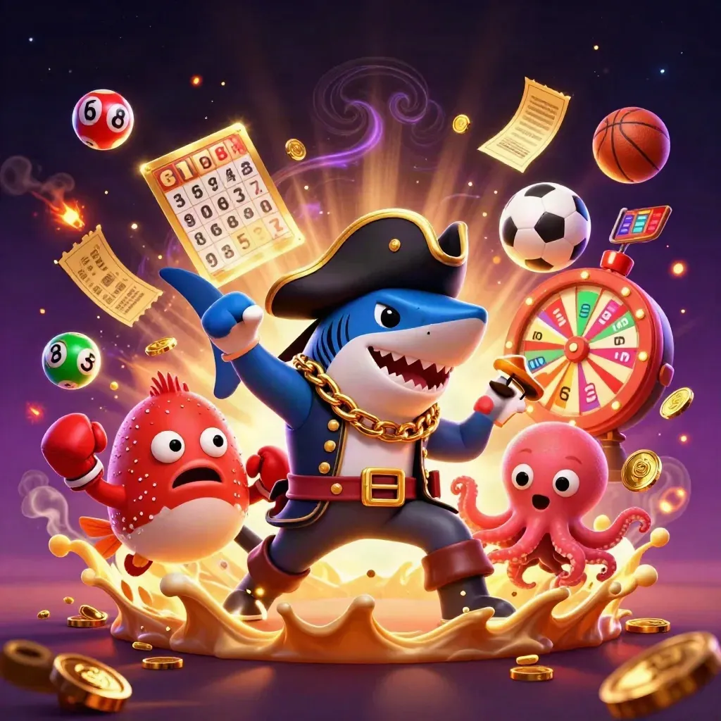 Pirate shark, boxing pufferfish, and coin-juggling octopus amid casino props and glowing balls