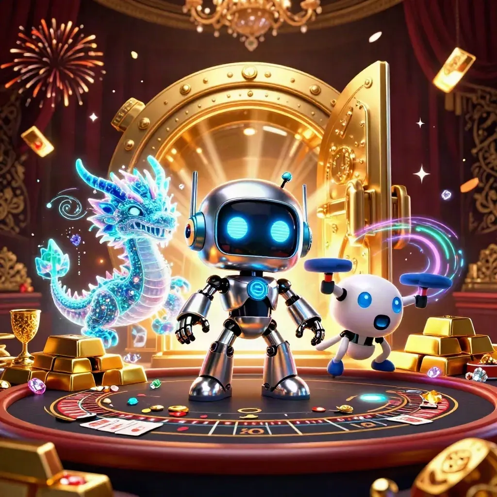 Robot mascot, holographic dragon and coin drone amid vault light, gold, gems and confetti.