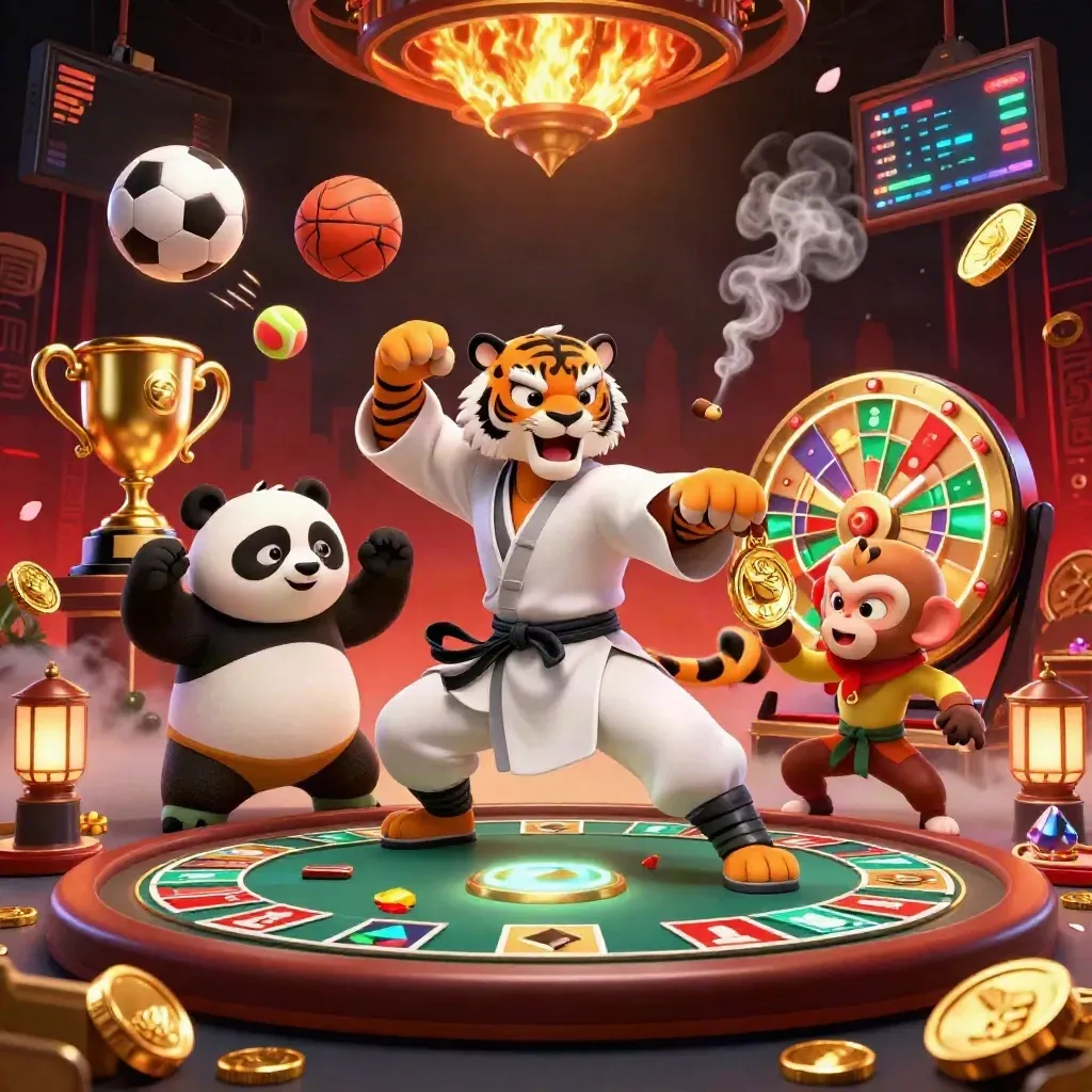 Kung-fu tiger, panda, and monkey amid casino lights, roulette glow, coins, and neon game energy.