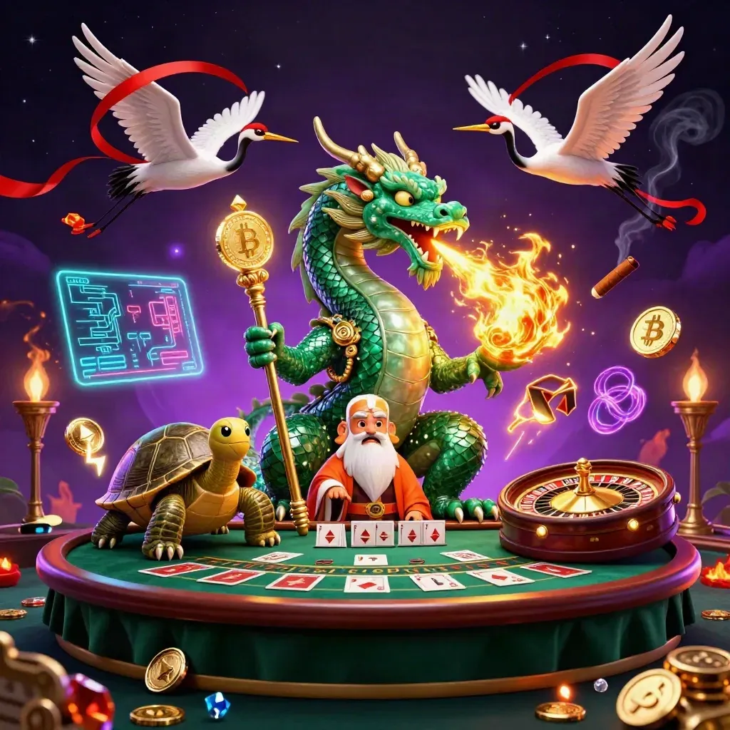 Jade dragon, turtle sage, and cranes amid casino glow, coins, charts, and spin-lit magic.