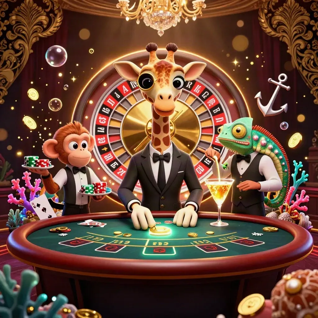 Giraffe VIP gambler, monkey valet, and chameleon bartender in a luxe casino treasure cove.