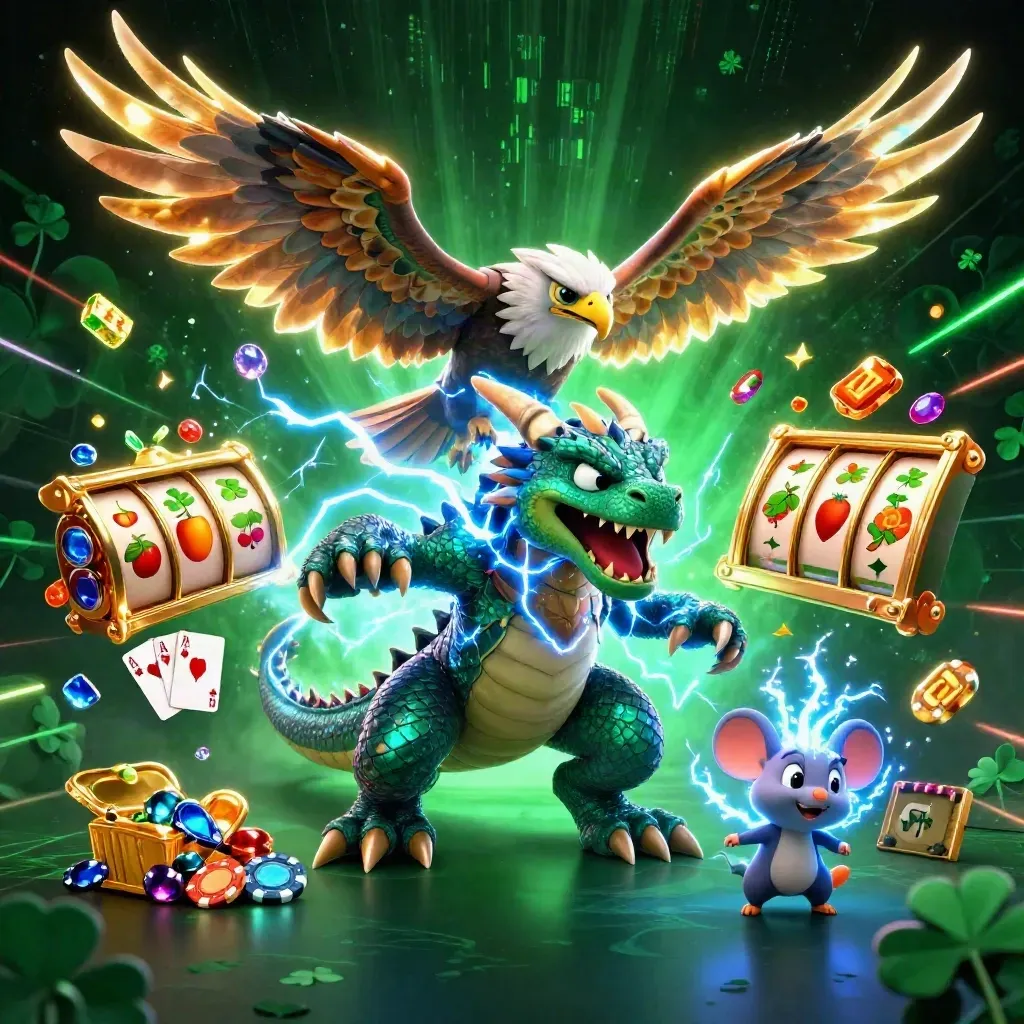 Thunder dragon, wind hawk, and spark mouse erupt over casino chips in neon casino glam.
