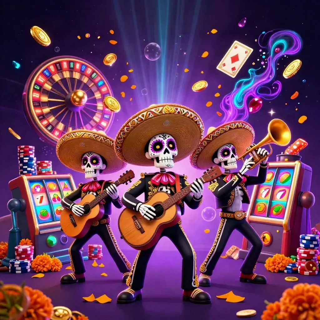 Skeleton mariachi trio in a neon casino burst of coins, cards, roulette, chips, and starry magic.