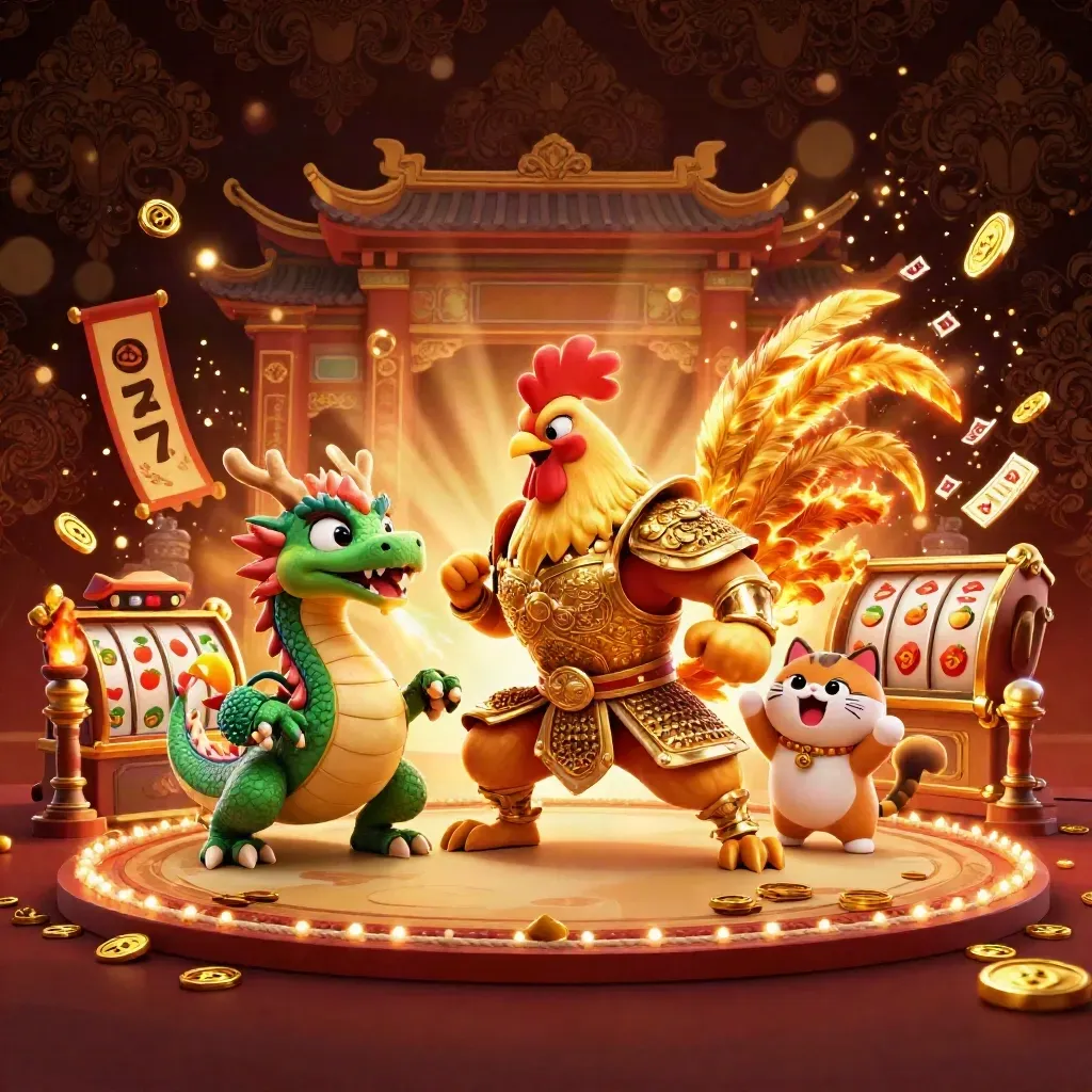Rooster samurai, spark-breathing hatchling, and cheering fortune-cat amid casino treasure bursts.