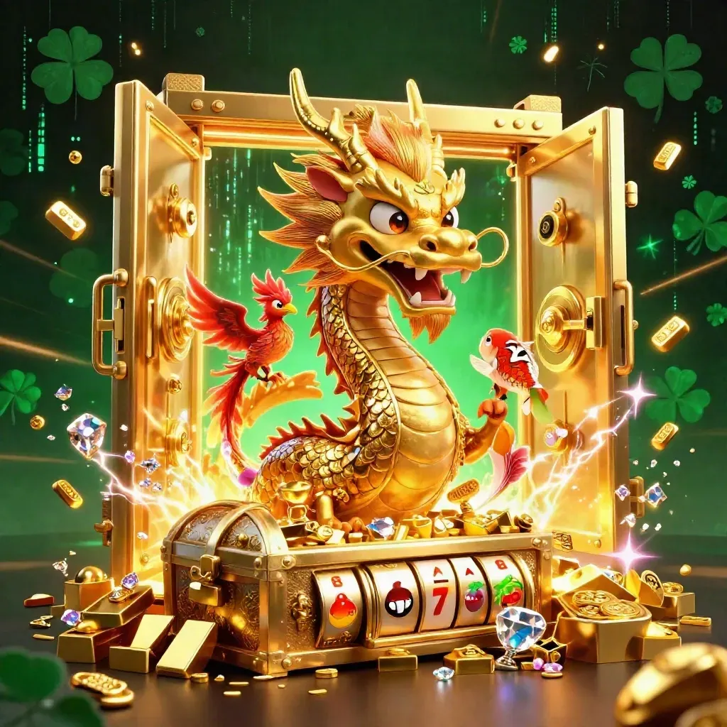 Golden dragon with phoenix and koi burst from a treasure vault amid casino gems and gold.