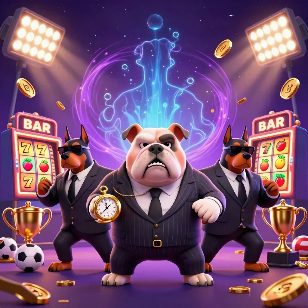 Bulldog boss with Dobermans, flying sports balls and casino gold on a neon dark backdrop.
