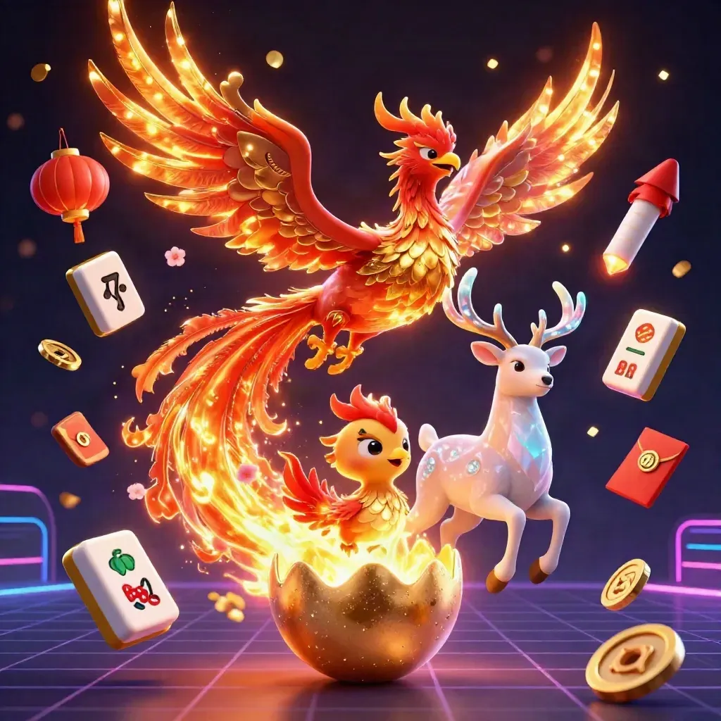 Fire phoenix, hatching baby, crystalline stag amid gold casino sparkles on a dark neon grid.