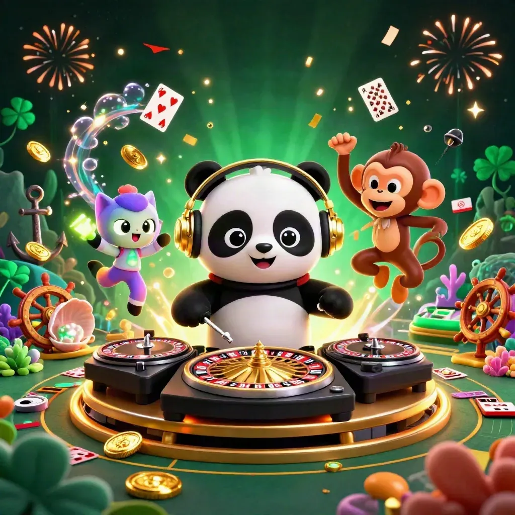 Panda DJ, dancing monkey and glow-stick kitten amid treasure, coins, fireworks and casino lights.