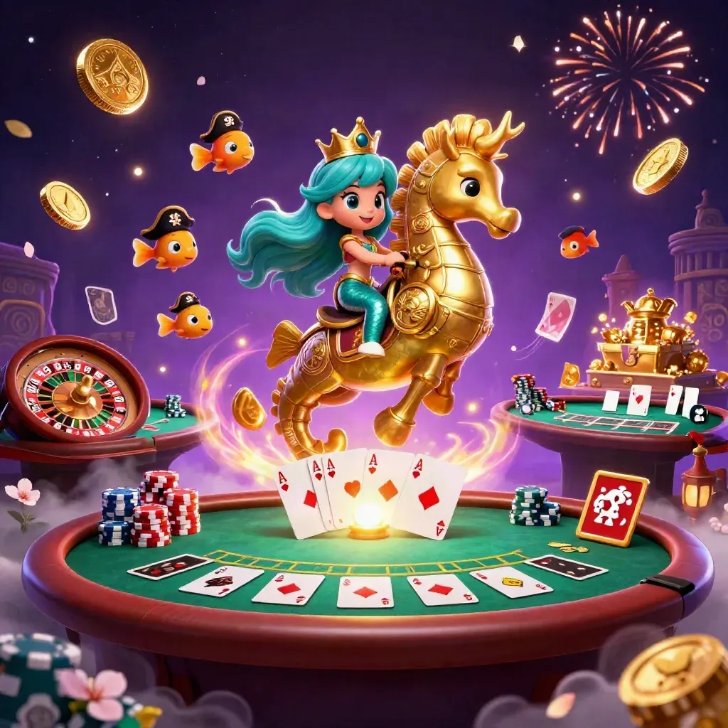 Mermaid princess on armored seahorse with pirate fish amid casino treasures, cards, chips, fireworks.