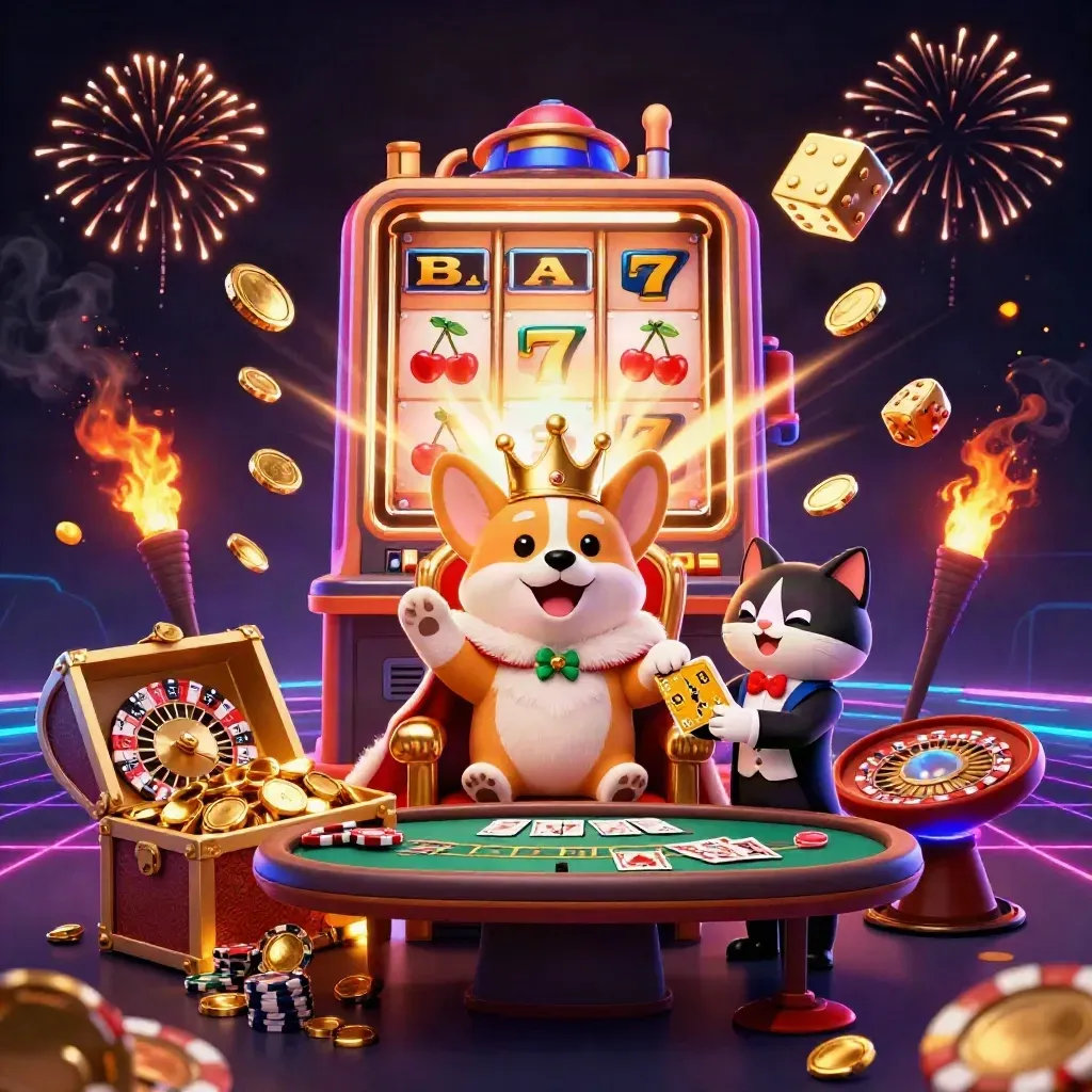 Royal corgi and cat butler amid a jackpot burst of coins, dice, slots, cards and fireworks.