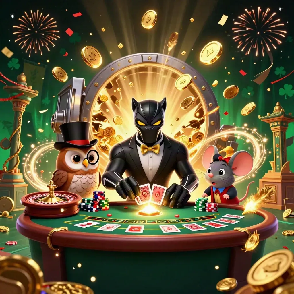 Panther, owl, and mouse amid bursting treasure, spinning roulette, and fireworks