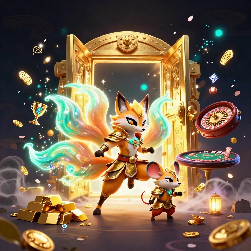 Nine-tailed fox spirit and armoured mouse amid vault burst, gold, roulette, cards, neon casino glam