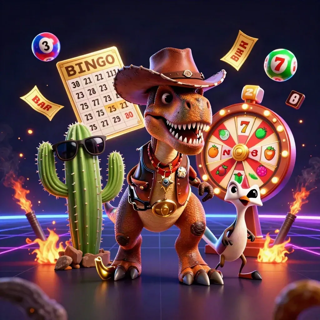 Cowboy T-Rex, cactus sidekick, and sheriff roadrunner amid casino reels and neon sparks