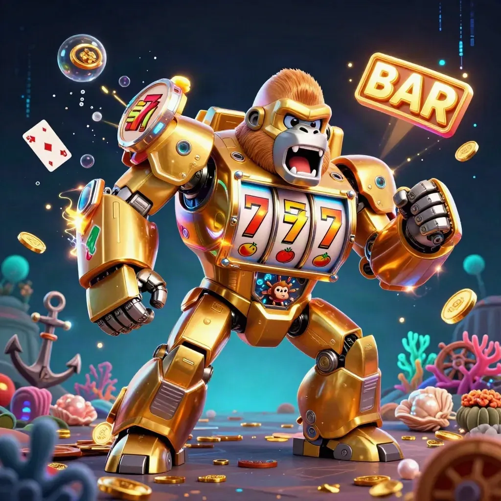Golden gorilla mech with monkey pilot amid underwater casino treasure and neon energy