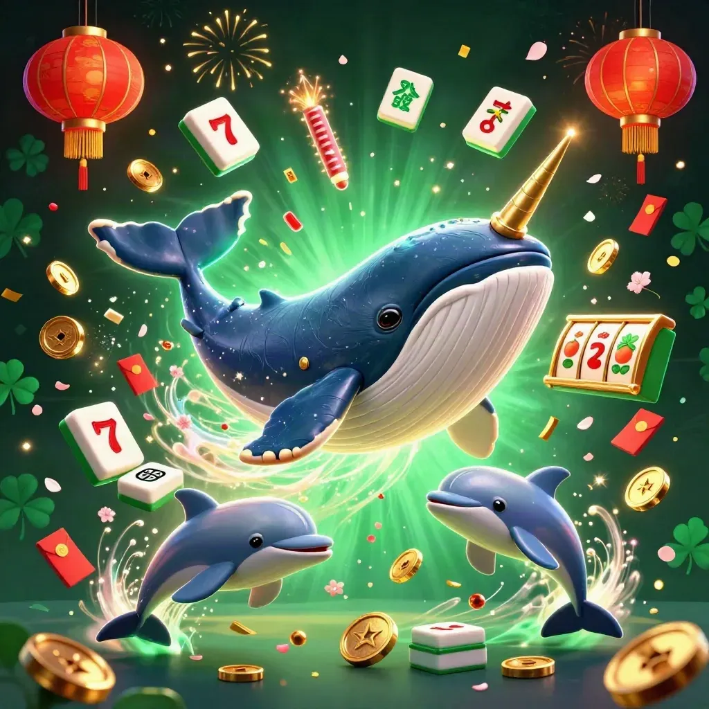 Emerald whale captain with narwhal and dolphins in a coin-filled casino burst