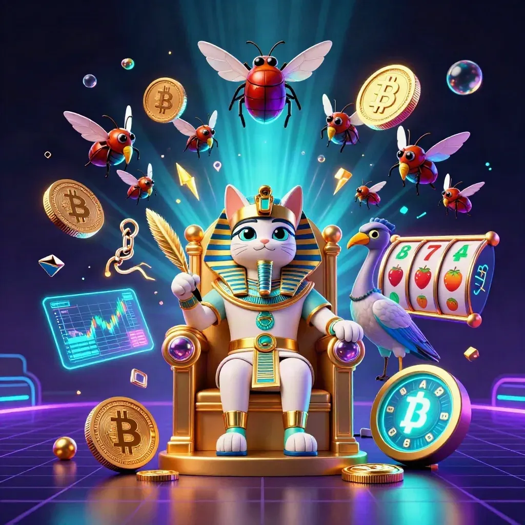 Pharaoh cat on throne with ibis scribe, scarabs, casino coins, and neon slot effects.