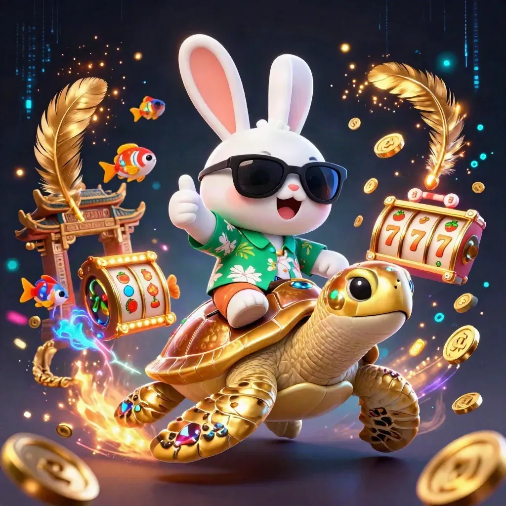 Lucky rabbit rides a golden turtle amid coins, fish, neon effects, and casino symbols.