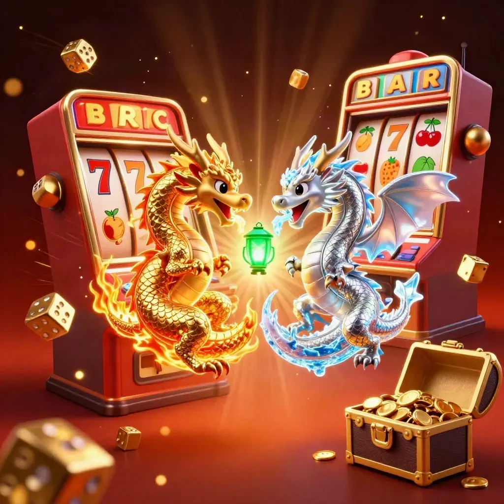Twin gold and silver dragons coil around a lantern spirit beside a bursting slot machine in neon glam.
