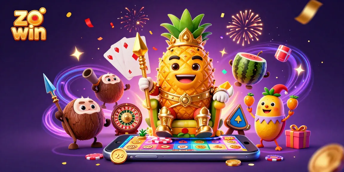 Experience excitement with a colorful 3D casino scene featuring the 'zo win' brand name and vibrant game elements.