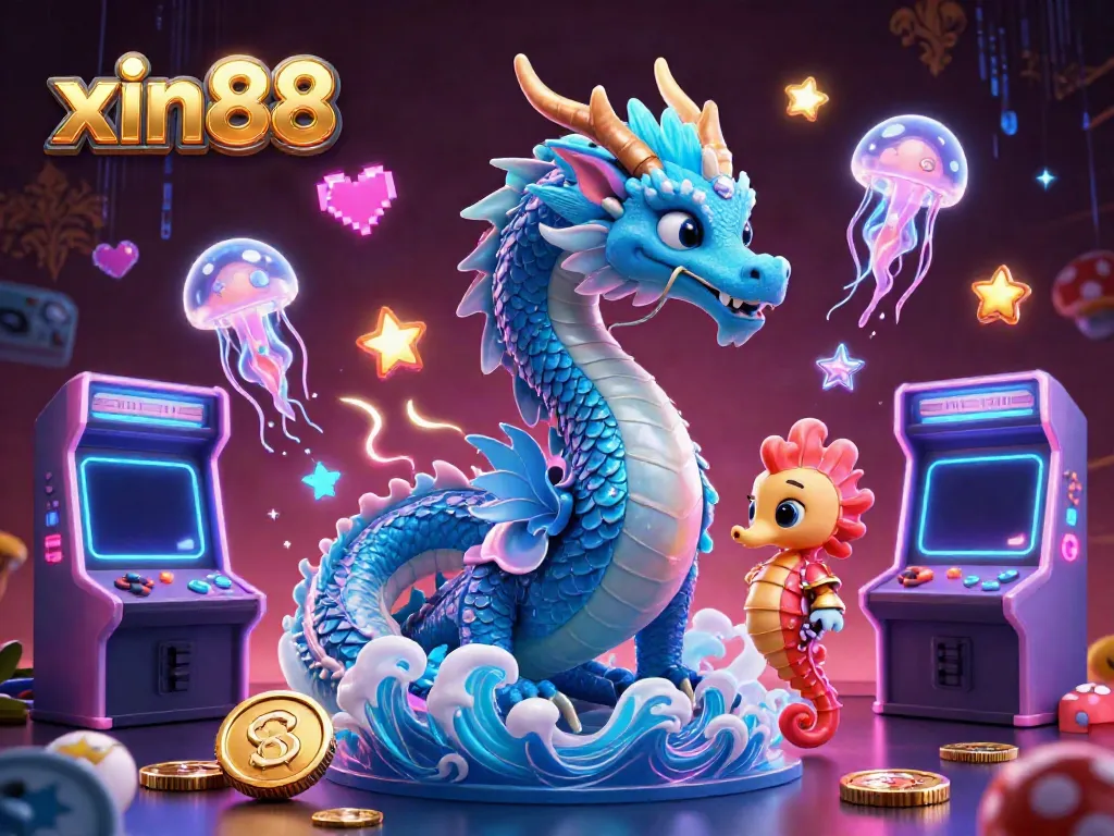 Experience the magic of xin88 with an azure dragon, coral knight, and neon jellyfish amidst vibrant casino-themed elements.