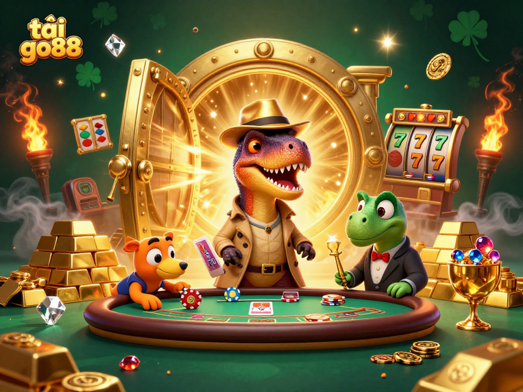Join the fun at tải go88 while a velociraptor card counter interacts with a pit boss in a lively casino scene.