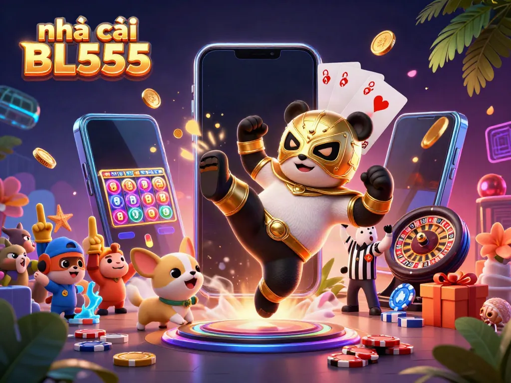 Engage in thrilling casino adventures with nhà cái BL555 in this vibrant 3D illustration.