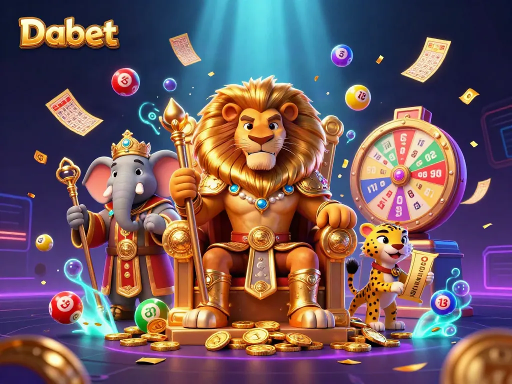 Dabet players strategizing their odds with a rich casino scene featuring a lion king and vibrant game elements.