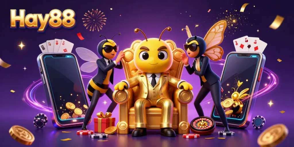 Engage with Hay88's thrilling casino experience featuring a buzzing bumblebee boss and dynamic game elements in vivid detail.