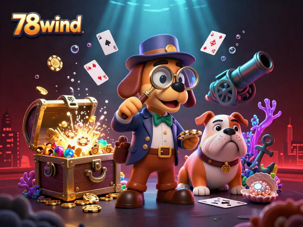 Engage in thrilling casino adventures with 78wind, featuring a detective bloodhound and a bulldog finding treasure.