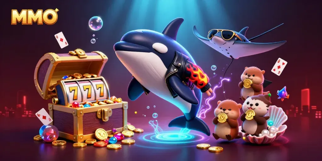 MMOO casino character scene with an orca, stingray, and otters playing slots and holding coins.