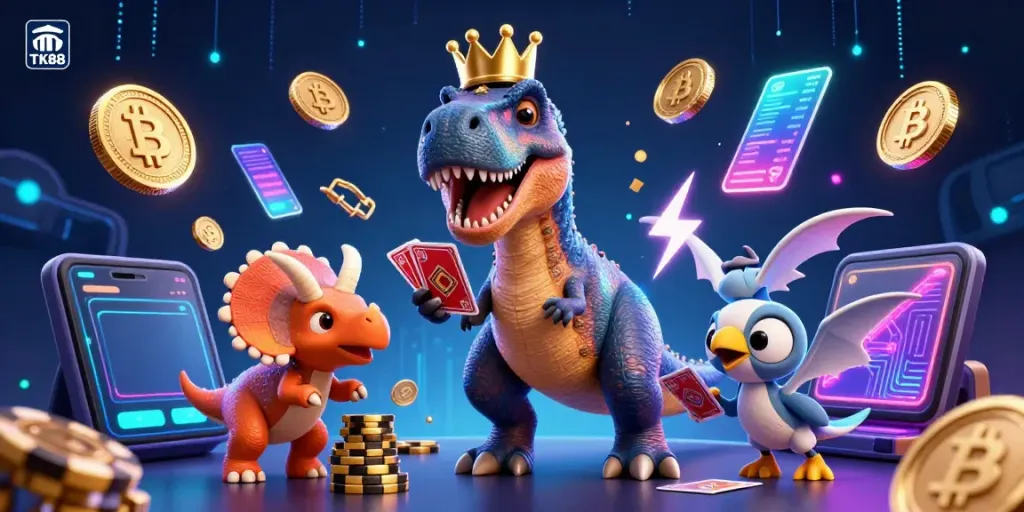 Engaging TK88 casino scene with a playful T-Rex shuffling cards and vibrant cryptocurrency elements.