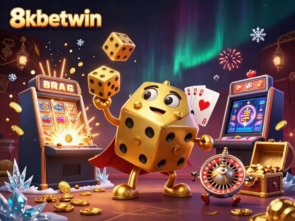Engage with the vibrant world of 8xbetwin as a golden dice golem juggles riches in a dynamic casino scene.