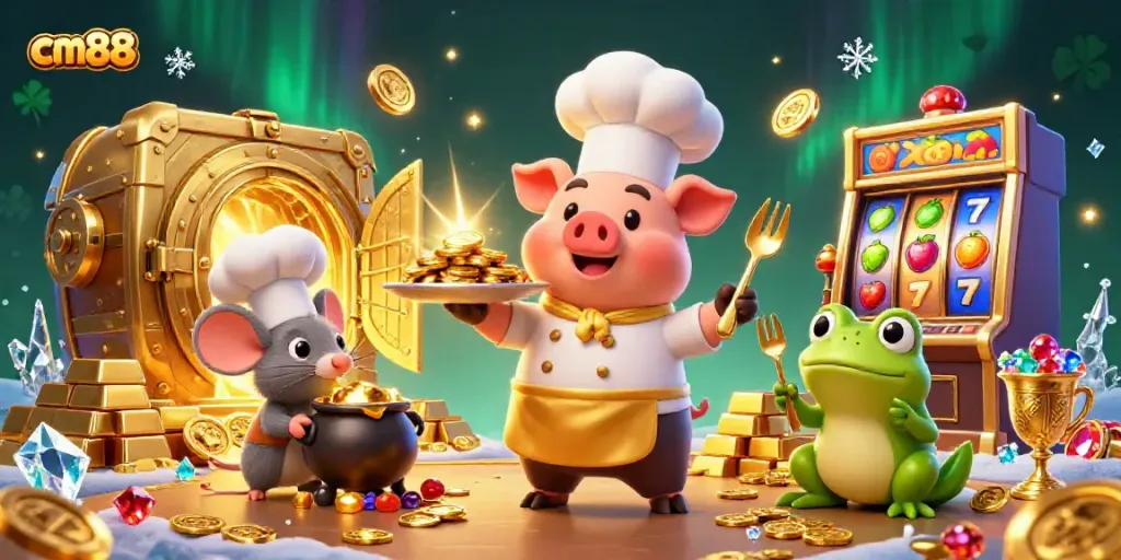 Experience winning moments at cm88 with a chef pig serving gold coins, surrounded by casino treasures.