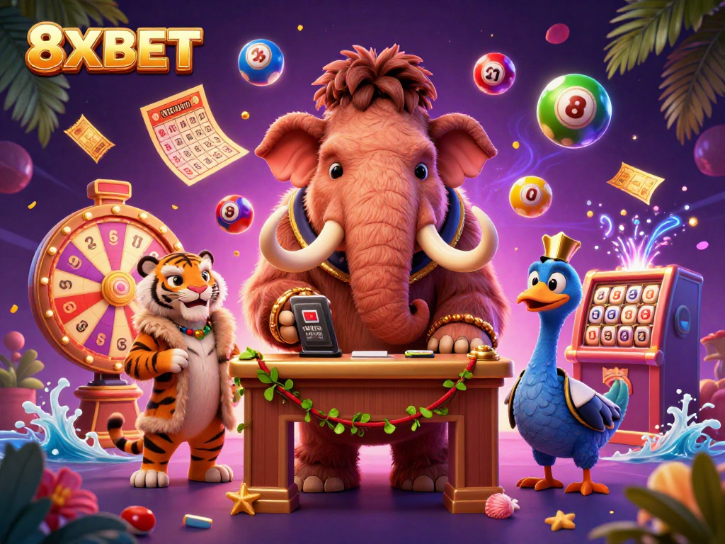 Experience 8XBET's vibrant atmosphere with a dynamic casino scene featuring unique characters.
