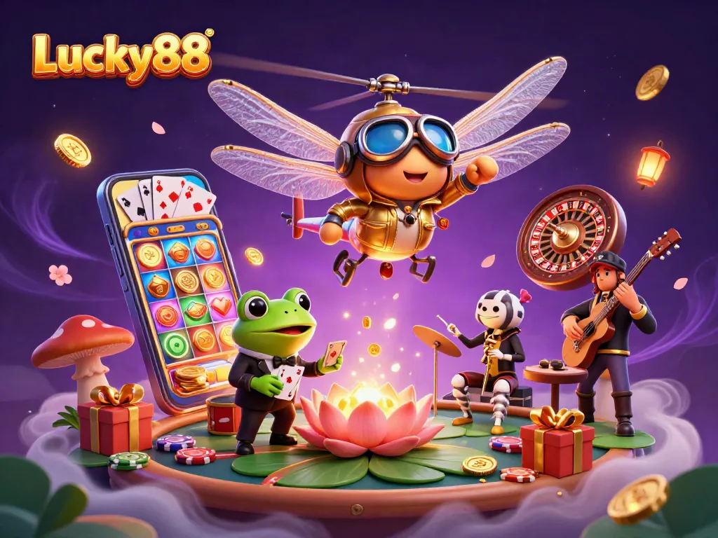 Experience thrilling gameplay at Lucky88 as a frog croupier deals cards in a mesmerizing casino scene.