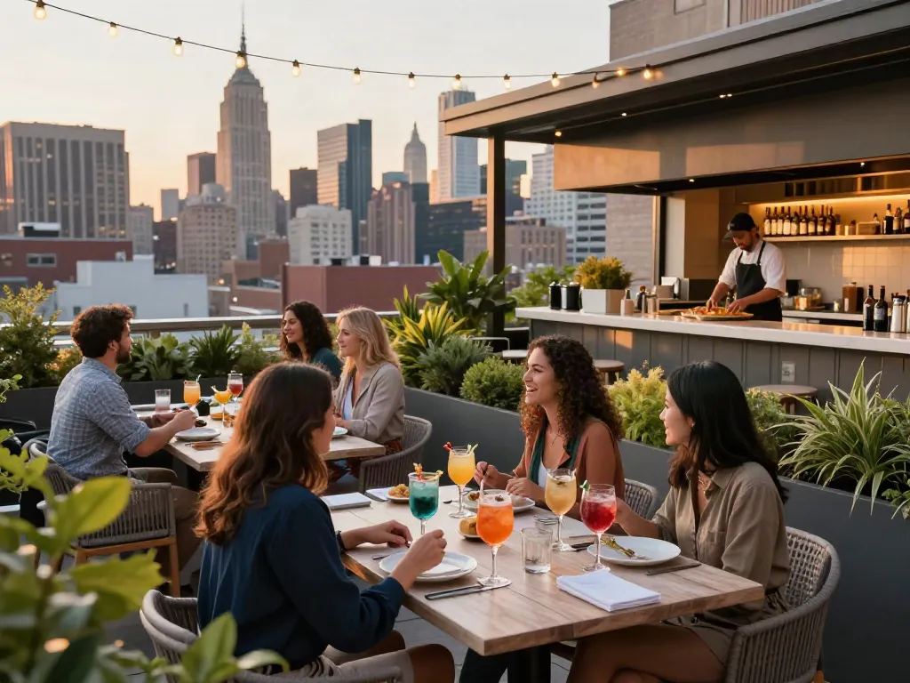 Rooftop dining at NoHu featuring skyline views, cocktails, and greenery, embodying vibrant culinary experiences.