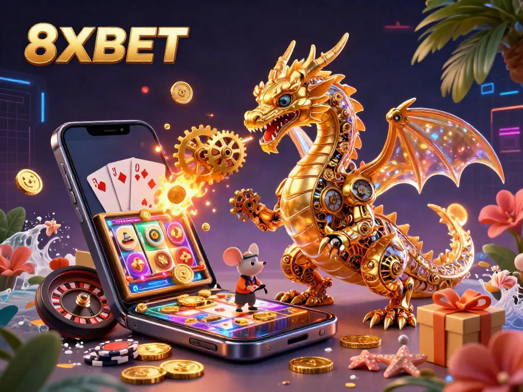 Engage with 8XBET as a golden dragon breathes cogs amid colorful slot games and festive elements.
