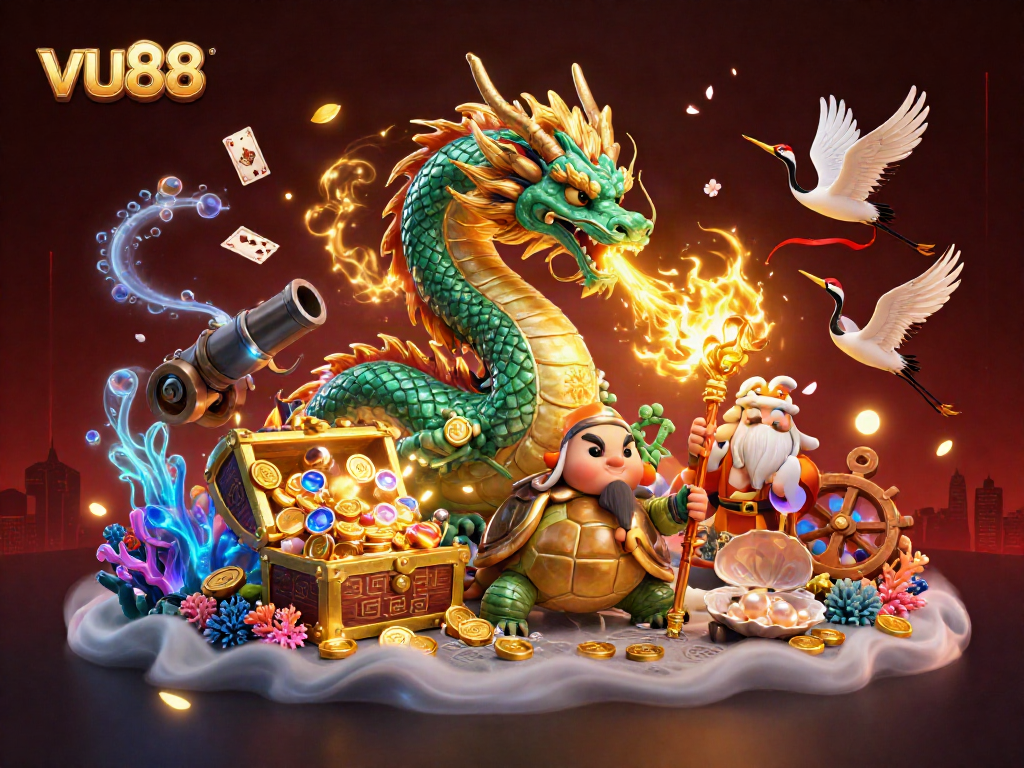 Experience the thrill of gambling with vu88, showcased through mystical casino characters and vibrant elements.